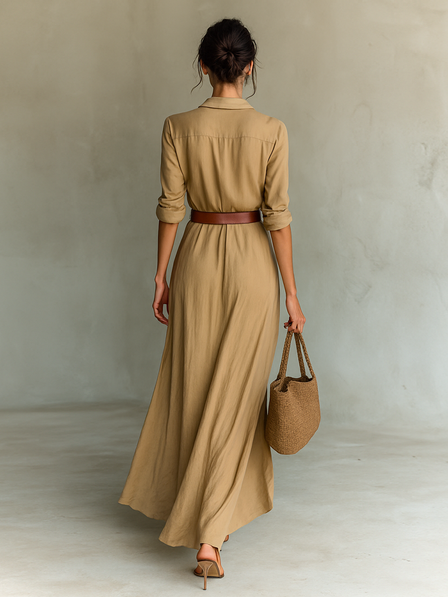 Lonoire – Robe Maxi Longue avec Col et Ceinture